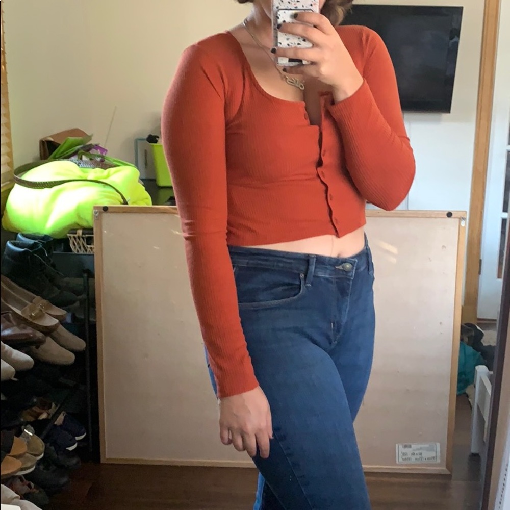 Orange Kiss Long Sleeve Button Up Ribbed Crop Top